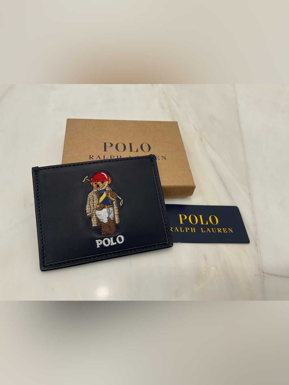 NEW Polo Ralph Lauren POLO PLAYER BEAR Leather Slim Card Case Wallet - NAVY BLUE